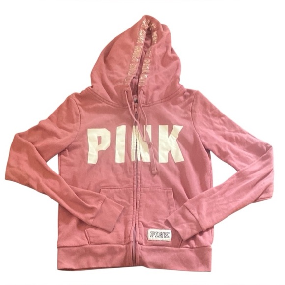 PINK Victoria's Secret Tops - Pink Victoria Secret Hoodie with Logo Women Small Petite Full Zip Up Long Sleeve